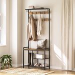 Coat Rack Shoe Bench, 4-in-1 Hall Tree with Storage Shelves and Hanging Rod, Entryway Storage Organizer with 8 Movable Hooks, for Entryway, Hallway, Corridor, Rustic Brown and Black MT12BR - Image 4