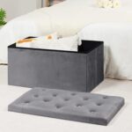 B FSOBEIIALEO Folding Storage Ottoman, Long Ottomans Shoes Bench, Velvet Storaeg Chest Footrest Seat 31.5"x15.7"x15.7" (Grey, Large) - Image 3