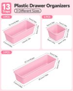 13 Pack Plastic Drawer Organizers Set, 3 Sizes Desk Drawer Organizer Trays for Vanity and Makeup Organizer, Organization and Storage for Makeup, Kitchen Utensils, Bathroom and Office(Pink) - Image 3