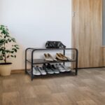 MyGift Shoe Rack Bench, 3 Tier Matte Black Metal Shoe Storage Organizer with Solid Burnt Wood Slat Shelves - Image 3