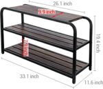 MyGift Shoe Rack Bench, 3 Tier Matte Black Metal Shoe Storage Organizer with Solid Burnt Wood Slat Shelves - Image 4