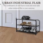 MyGift Shoe Rack Bench, 3 Tier Matte Black Metal Shoe Storage Organizer with Solid Burnt Wood Slat Shelves - Image 5