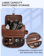 Elviros Toiletry Bag for Mens PU Leather Travel Organizer Kit with Hanging hook, Large Water-resistant Toiletries Bathroom Shaving Bag, Gift For Men (Dark Brown) - Image 4