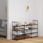 3 Row 4 Tier Long Shoe Rack, Black Metal Stackable Shoe Shelf with Multifunctional Hooks, Shoe Storage Hold 24-30 Pairs, Space Saving Shoe Organizer for Closet,Wide Shoe Rack - Image 3