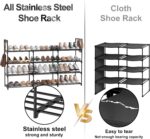 3 Row 4 Tier Long Shoe Rack, Black Metal Stackable Shoe Shelf with Multifunctional Hooks, Shoe Storage Hold 24-30 Pairs, Space Saving Shoe Organizer for Closet,Wide Shoe Rack - Image 5