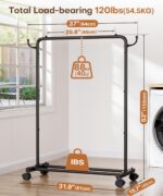 Homde Rolling Clothes Rack with Hooks: Standing Garment Storage for Indoor - Hanging Rod for Bedroom Laundry Room - Coat Dress Organizer on Wheels with luggage shelf (Black, 32") - Image 3