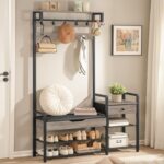 HOOBRO Hall Tree with Bench, Shoe and Coat Rack for Entryway, Coat Rack with Bench, Flip Top Storage Box, PU Cushioned Seat, Non-Woven Fabric Drawer, for Entrance, Greige and Black BG110MT01 - Image 3