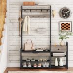 HOOBRO Hall Tree with Bench, Shoe and Coat Rack for Entryway, Coat Rack with Bench, Flip Top Storage Box, PU Cushioned Seat, Non-Woven Fabric Drawer, for Entrance, Greige and Black BG110MT01 - Image 4