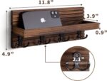 Natural Wooden Key Holder - Wall Mounted Mail Organizer and Key Hanger - Rustic Farmhouse Entryway Shelf with 4 Double Hooks - Decorative Rack for Car Keys, Wallet (Dark Brown) - Image 7
