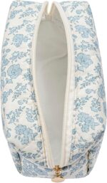Makeup Bag Travel Cosmetic Bag for Women Girls, Zipper Make Up Pouch, Floral Flowers Toiletry Organizer Makeup, Portable Storage Cosmetic Travel Cloth Bag (Blue Floral) - Image 3