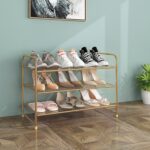 Simple Trending 3-Tier Stackable Shoe Rack, Expandable & Adjustable Shoe Shelf Storage Organizer, Metal Mesh, Gold - Image 3