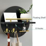OurWarm Key Holder Wall Mount, 11.8 Inch Black Decorative Key and Mail Holder Organizer with 8 Key Hooks, Round Wooden Key Rack Key Hanger with Shelf for Wall Entryway Boho Home Decor - Image 4