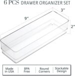 STORi SimpleSort 6-Piece Stackable Clear Drawer Organizer Set | 9" x 3" x 2" Rectangle Trays | Narrow Makeup Vanity Storage Bins and Office Desk Drawer Dividers | Made in USA - Image 3