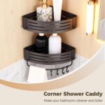 2 Pcs Corner Shower Caddy, No Drilling Aluminum Organizer, Triangular Bathroom Shelves with Towel Bar & Hooks, Rustproof Wall Mount Space-Saving for Shower & Kitchen - Image 3