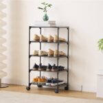 5-Tier Small Shoe Rack with Wheels, Slide-Out Metal Shoe Racks Storage, Anti-Rust Coating, Stackable Design - 16.9W for Entryway, Kitchen, Living Room & Office - Black - Image 3