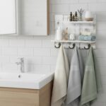 MyGift 2 Tier Wall Mounted Shabby White Washed Solid Wood Bathroom Storage Shelves, Decorative Entryway Floating Shelf Rack with 6 Hooks for Hanging Towels - Image 3