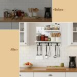 MyGift 2 Tier Wall Mounted Shabby White Washed Solid Wood Bathroom Storage Shelves, Decorative Entryway Floating Shelf Rack with 6 Hooks for Hanging Towels - Image 4