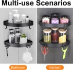 Adhesive Corner Shower Caddy with Hooks,Bathroom Shower Organizer, No Drilling Rust Proof Aluminum Shower Shelf for Inside Shower 2 Pack (Black) - Image 6