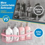 Adhesive Shower Caddy, No Drilling Bath Organizers 5 Pack, Rustproof Shelves with Soap Holder & Toothbrush Holder, Pink Bathroom Accessories Decor Set - Image 7
