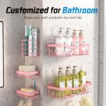 Adhesive Shower Caddy, No Drilling Bath Organizers 5 Pack, Rustproof Shelves with Soap Holder & Toothbrush Holder, Pink Bathroom Accessories Decor Set - Image 10