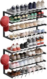 2 Pack Wall Mounted Shoe Rack, 4 Tier Hanging Shoe Rack Holds 32 Pairs, 17"-30"Adjustable Heavy Duty Wall Shoe Shelf with 4 Storage Hooks, Space Saving for Closet Entryway, Black, Patent Pending - Image 2