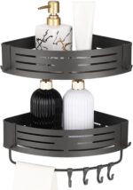 2 Pcs Corner Shower Caddy, No Drilling Aluminum Organizer, Triangular Bathroom Shelves with Towel Bar & Hooks, Rustproof Wall Mount Space-Saving for Shower & Kitchen - Image 2