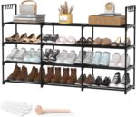 3 Row 4 Tier Long Shoe Rack, Black Metal Stackable Shoe Shelf with Multifunctional Hooks, Shoe Storage Hold 24-30 Pairs, Space Saving Shoe Organizer for Closet,Wide Shoe Rack - Image 2