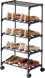 5-Tier Small Shoe Rack with Wheels, Slide-Out Metal Shoe Racks Storage, Anti-Rust Coating, Stackable Design - 16.9W for Entryway, Kitchen, Living Room & Office - Black - Image 2