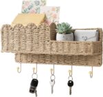 AELS Scalloped Woven Wall Mount Key Holder with 5 Hooks, Decorative Paperstraw Mail Organizer for Entryway, Wave Design Ratten Key Rack, Entryway Organizer, Living Room & Hallway Decor, Natural - Image 2