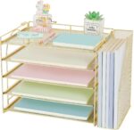 AUPSEN Gold Desk Accessories Organizer,5-Tier Letter Tray Paper Organizer with Adjustable File Holder, Desktop Office Desk Accessories for Office Supplies - Image 2