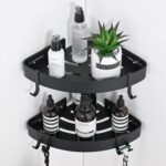 Adhesive Corner Shower Caddy with Hooks,Bathroom Shower Organizer, No Drilling Rust Proof Aluminum Shower Shelf for Inside Shower 2 Pack (Black) - Image 2