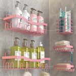 Adhesive Shower Caddy, No Drilling Bath Organizers 5 Pack, Rustproof Shelves with Soap Holder & Toothbrush Holder, Pink Bathroom Accessories Decor Set - Image 2