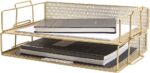 BLU MONACO Gold Mesh Paper Tray – Set of 2 Stackable Letter Trays – Durable Metal Desk Organizer for Home, Office & School – Stylish Document Holder, File Storage, and Workspace Organizer - Image 2