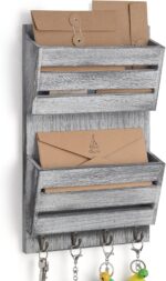 BTY Mail Sorter Wall Mounted, Wooden Mail Holder with 4 Key Hooks, 2 Slot Letter Bills Newspaper Magazine Organizer for Entryroom Hallway Office Garage, Gray White - Image 2