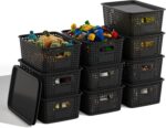 Black Plastic Storage Baskets with Lids 10 Pack Stackable Storage Bins Containers for Shelves Organizing, Cute Decorative Storage Boxes for Classroom, Playroom, Closet, Pantry - Image 2