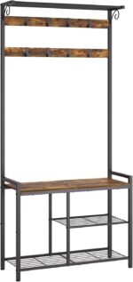 Coat Rack Shoe Bench, 4-in-1 Hall Tree with Storage Shelves and Hanging Rod, Entryway Storage Organizer with 8 Movable Hooks, for Entryway, Hallway, Corridor, Rustic Brown and Black MT12BR - Image 2
