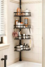 Corner Shower Caddy Tension Pole - 4-Tier Shower Corner Shelf for Bathtub Bathroom Shower Organizer - Adjustable 34in-120in, Space Saving Bathtub Accessory Shelves, Black - Image 2