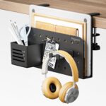 Desk Side Storage Organizer, No Drill Under Desk Laptop Holder, Clamp on Desks Shelf with Pegboard Accessories, Hanging Laptop Mount, Fits Flat Edge 0.4" to 2.2", Black - Image 2