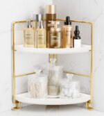 FSyueyun 2-Tier Corner Bathroom Counter Organizer, Tool-Less Installation Vanity Shelf Small Plastics Countertop Makeup Tray Skincare Perfume Organizers (Gold) - Image 2