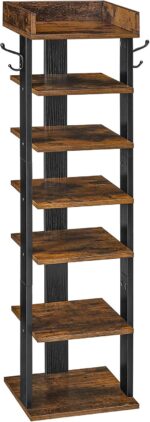 HOOBRO Vertical Shoe Rack for Front Door Entryway, 7 Tier Wooden Shoe Storage Organizer with Hooks, Narrow Shoe Tower for 7 Pairs, Space Saving, for Corner, Closet, Bedroom, Rustic Brown BF61XJ01 - Image 2