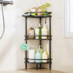 HapiRm Standing Corner Shower Caddy - 3 Tier Shower Organizer Corner with Soap Holder and 4 Hooks, Rustproof Bathroom Storage Shelves with Adhesives, Black - Image 2