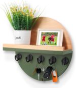 Key and Mail Holder for Wall Decorative, Wooden Boho Key Hanger with Shelf, Unique Two-Tone Circular Design Entryway Key Rack - Brown & Green - Image 2