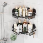 LEVERLOC 2 Pack Corner-adaptive Suction Cup Shower Caddies, Drill-Free Wall Mounted Basket, Stainless Steel Rustproof Corner Shower Shelf, Large Capacity Removable Suction Bathroom Organizer, Black - Image 2