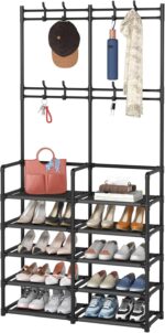 Laiensia 5-Tier Entryway Coat Rack, Coat and Shoe Rack, Entryway Bench Storage Organizer with 8 Hooks for Bedroom, Hallway, Office, Black - Image 2