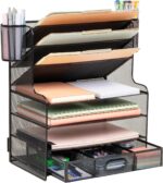 Mind Reader Mesh Desk Organizer, 6 Compartments, 1 Drawer, 2 Pen Cups, Office Desktop Organizer, Metal Mesh, Black - Image 2