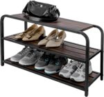 MyGift Shoe Rack Bench, 3 Tier Matte Black Metal Shoe Storage Organizer with Solid Burnt Wood Slat Shelves - Image 2