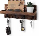 Natural Wooden Key Holder - Wall Mounted Mail Organizer and Key Hanger - Rustic Farmhouse Entryway Shelf with 4 Double Hooks - Decorative Rack for Car Keys, Wallet (Dark Brown) - Image 2