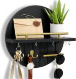 OurWarm Key Holder Wall Mount, 11.8 Inch Black Decorative Key and Mail Holder Organizer with 8 Key Hooks, Round Wooden Key Rack Key Hanger with Shelf for Wall Entryway Boho Home Decor - Image 2