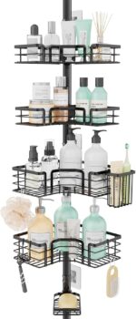 SWTYMIKI Shower Caddy Tension Pole - 4-Tier Corner Shower Organizer Tension Rod with Soap Holder, Toothbrush Holder & 4 Hooks, Adjustable Stainless Steel Bathroom Organizer 27.6 to 108.3 inch, Black - Image 2