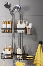 Shower Caddy Hanging - Shower Caddy for Handheld Shower Heads with Soap holder, Toothbrush Holder & Suction Hook, Universal 0.82-inch Fit with Non-Slip Rubber Pad, Black - Image 2
